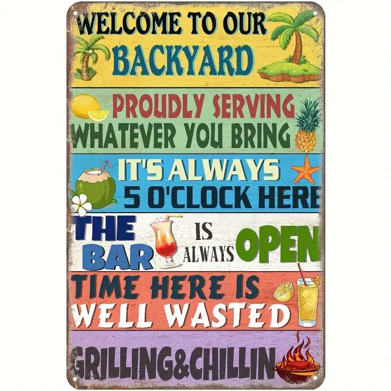 1pc Vintage Backyard Bar Welcome Sign Weather-Resistant Metal Wall Decor No Battery Needed Featherle
