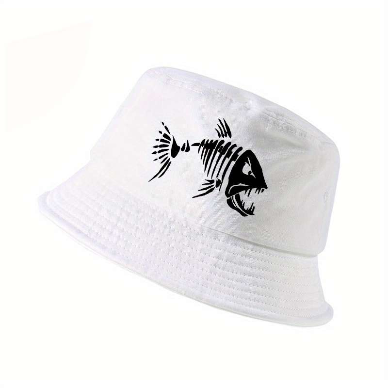 1pc Unisex Cotton Bucket Hat with Fish Skeleton Print Outdoor Fisherman Sun Hat Breathable Non-