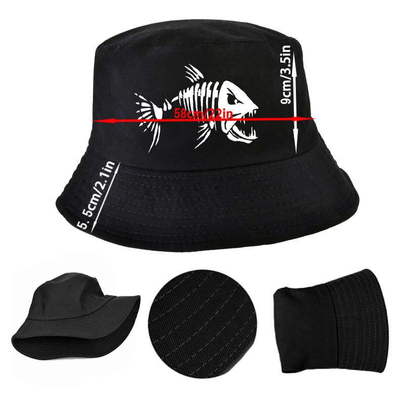 1pc Unisex Cotton Bucket Hat with Fish Skeleton Print Outdoor Fisherman Sun Hat Breathable Non-