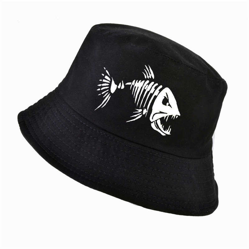 1pc Unisex Cotton Bucket Hat with Fish Skeleton Print Outdoor Fisherman Sun Hat Breathable Non-