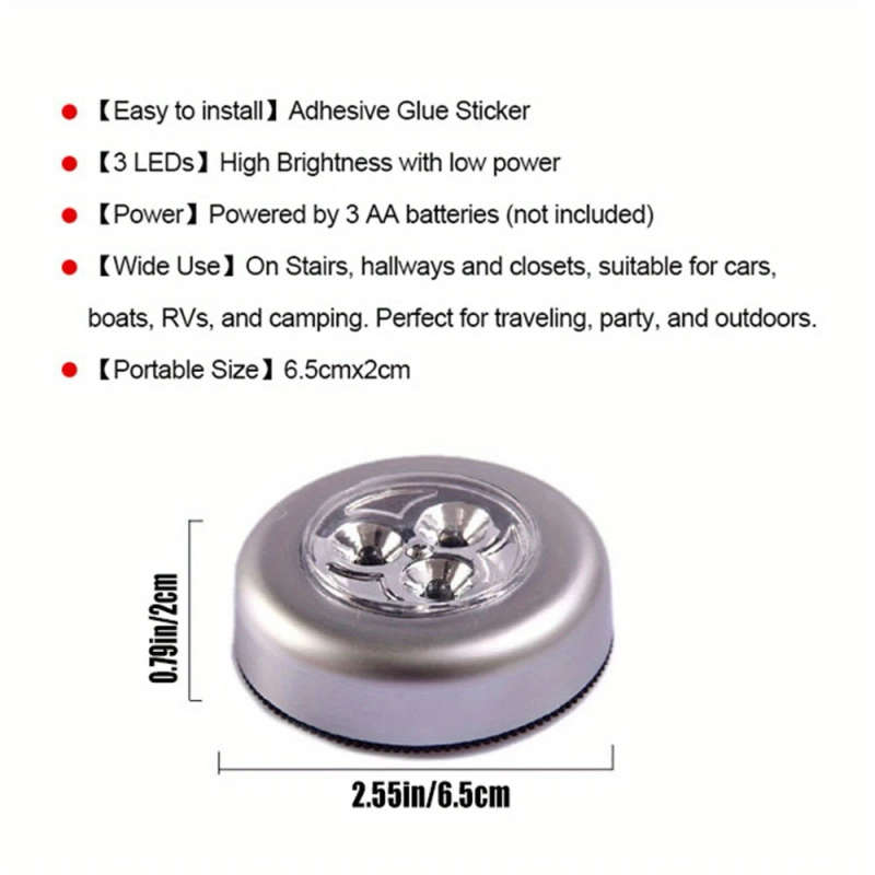 1pc 3LED Cordless Touch Night Light Stick-On Battery Operated Portable Easy Installation Perfect for