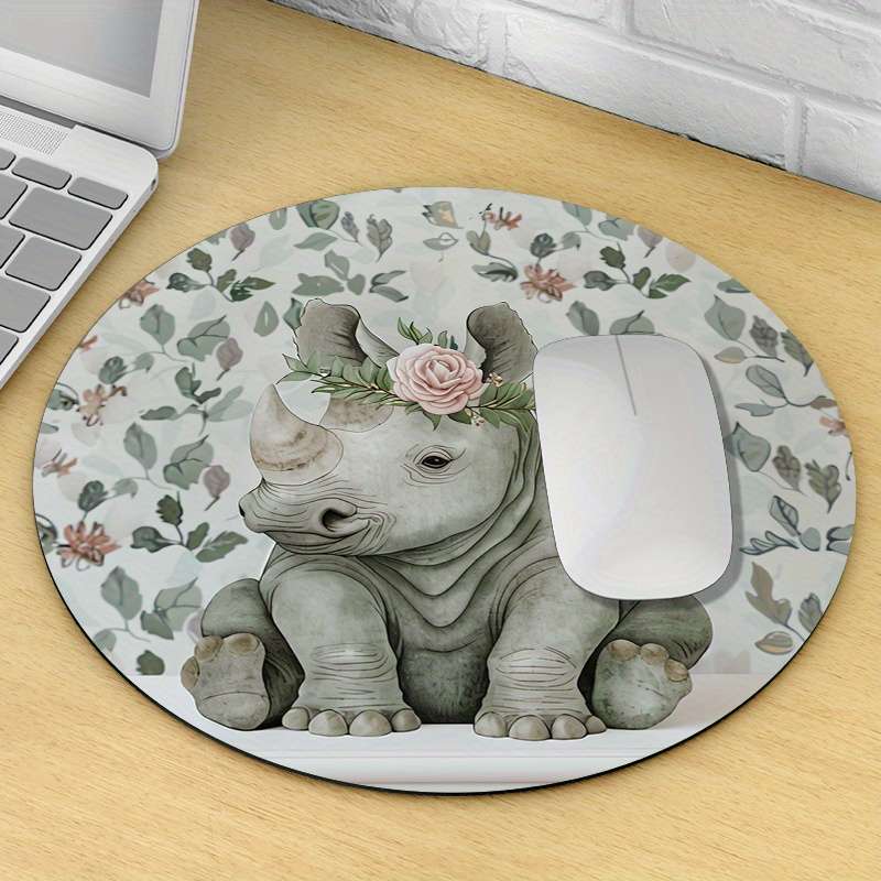 1pc Cute Rhino Floral Design Round Mouse Pad Durable Non-Slip Rubber Base Thickened