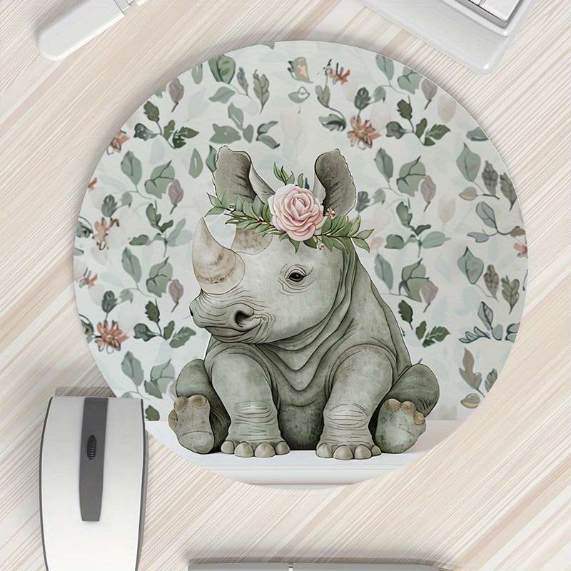 1pc Cute Rhino Floral Design Round Mouse Pad Durable Non-Slip Rubber Base Thickened