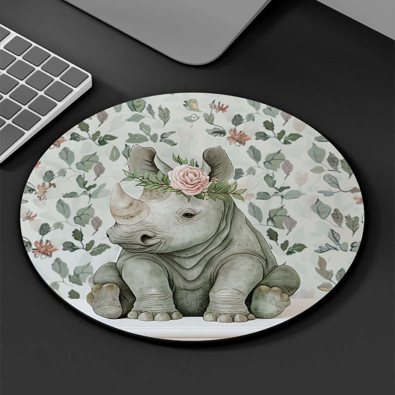 1pc Cute Rhino Floral Design Round Mouse Pad Durable Non-Slip Rubber Base Thickened