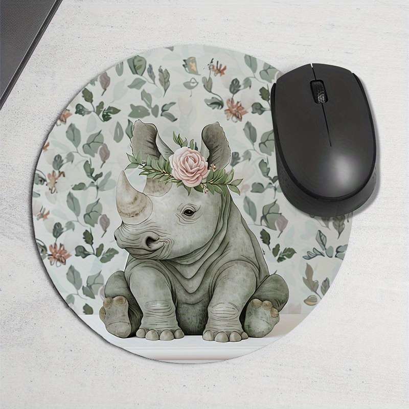1pc Cute Rhino Floral Design Round Mouse Pad Durable Non-Slip Rubber Base Thickened