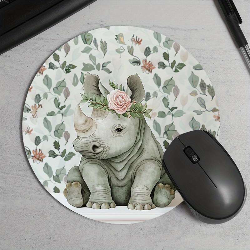 1pc Cute Rhino Floral Design Round Mouse Pad Durable Non-Slip Rubber Base Thickened