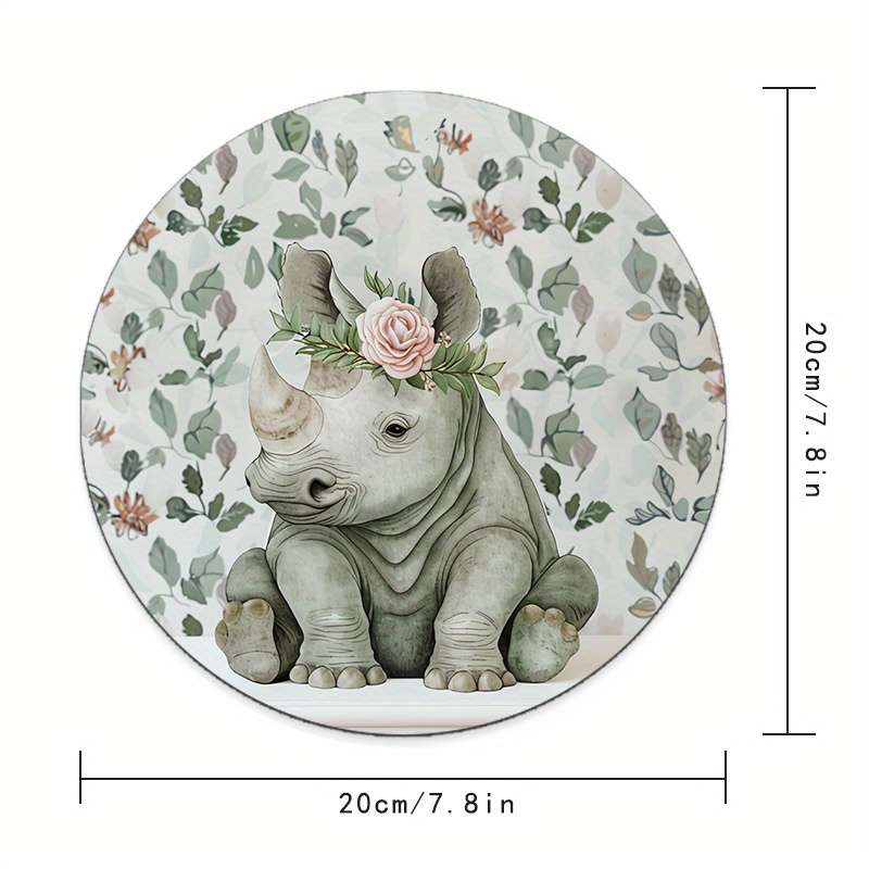 1pc Cute Rhino Floral Design Round Mouse Pad Durable Non-Slip Rubber Base Thickened