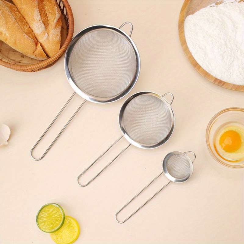 3pcs Stainless Steel Fine Mesh Strainers with Metal Handles Multi-Size Flour Sifters Oil Fi