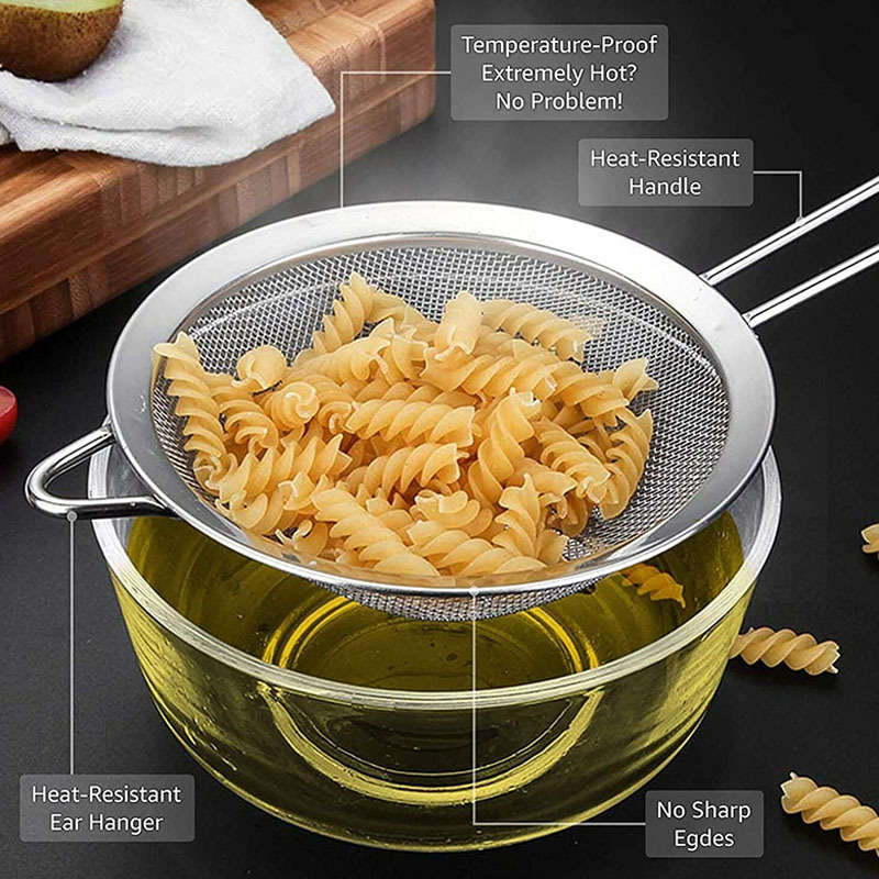 3pcs Stainless Steel Fine Mesh Strainers with Metal Handles Multi-Size Flour Sifters Oil Fi
