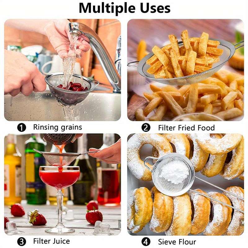 3pcs Stainless Steel Fine Mesh Strainers with Metal Handles Multi-Size Flour Sifters Oil Fi