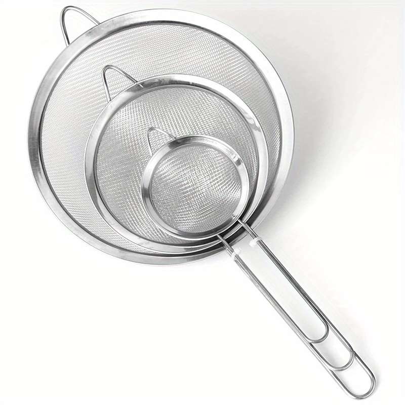 3pcs Stainless Steel Fine Mesh Strainers with Metal Handles Multi-Size Flour Sifters Oil Fi