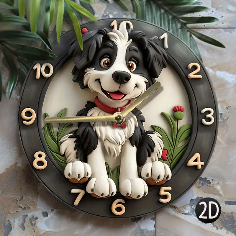 1pc Wooden Fiber Board Border Collie Wall Clock 20.32 cm Round Silent Quartz Movement Decorative Tim