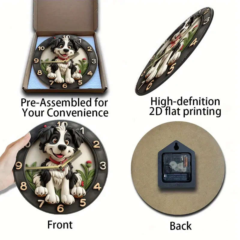 1pc Wooden Fiber Board Border Collie Wall Clock 20.32 cm Round Silent Quartz Movement Decorative Tim
