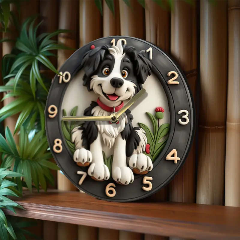1pc Wooden Fiber Board Border Collie Wall Clock 20.32 cm Round Silent Quartz Movement Decorative Tim