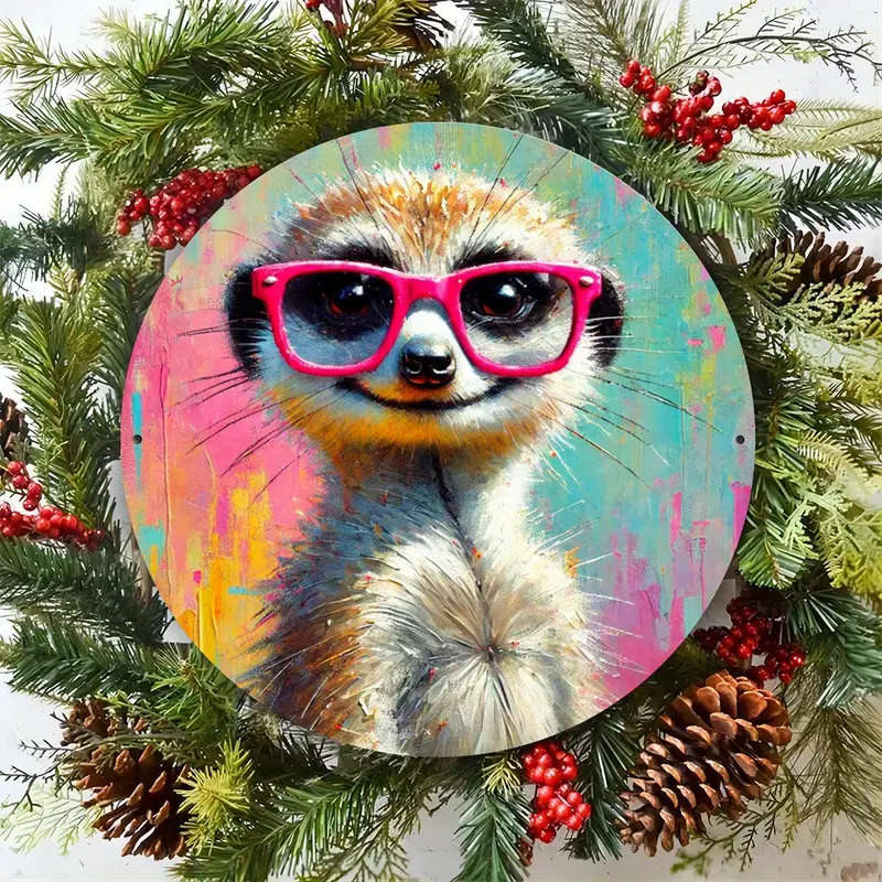 1pc Festive Animal Eye-Catching 20X20Cm Metal Sign A Whimsical Meerkat in Glasses Perfect for Home O