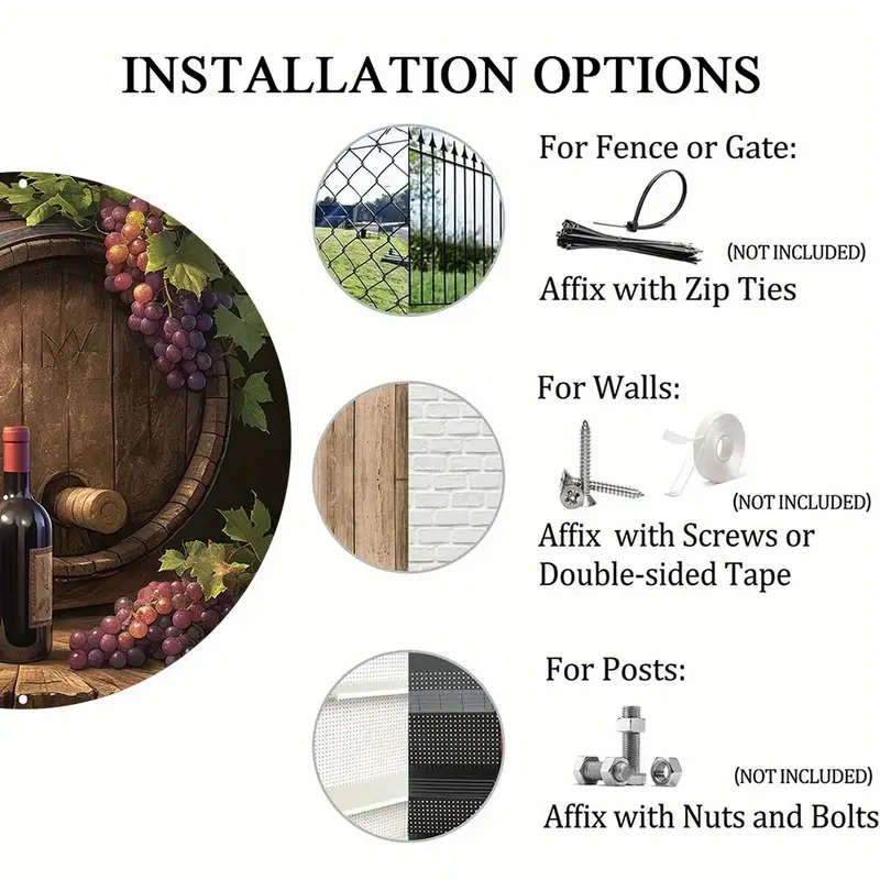 1pc 2D Flat Aluminum Metal Sign Wine Barrel Wall Decor Pre-Drilled Holes for Easy Hanging 20.32x20.3