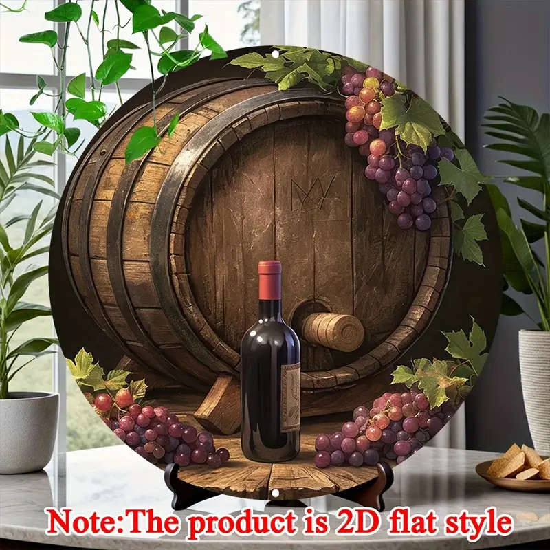 1pc 2D Flat Aluminum Metal Sign Wine Barrel Wall Decor Pre-Drilled Holes for Easy Hanging 20.32x20.3