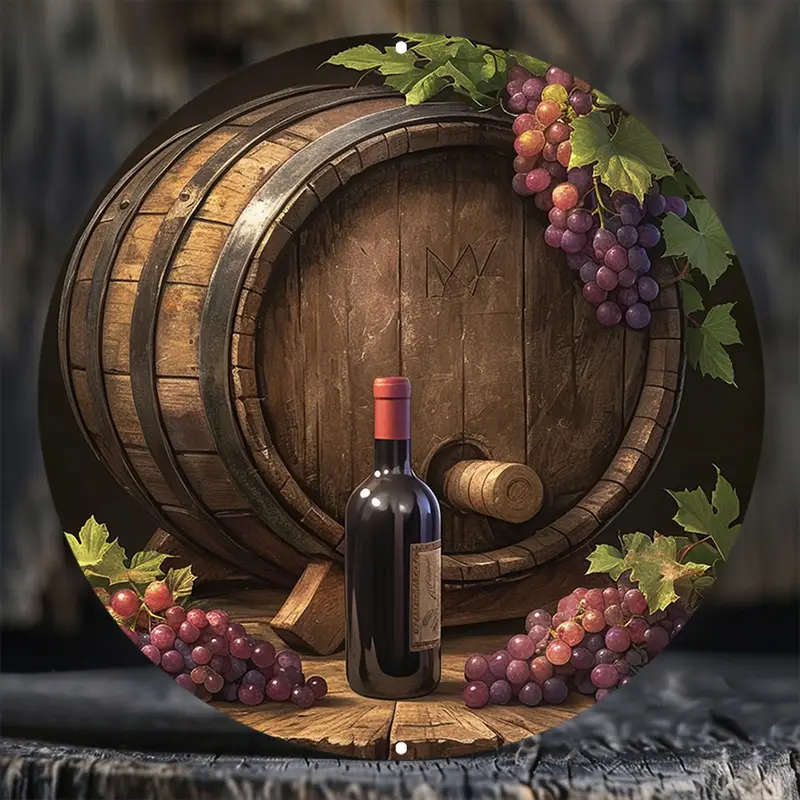 1pc 2D Flat Aluminum Metal Sign Wine Barrel Wall Decor Pre-Drilled Holes for Easy Hanging 20.32x20.3