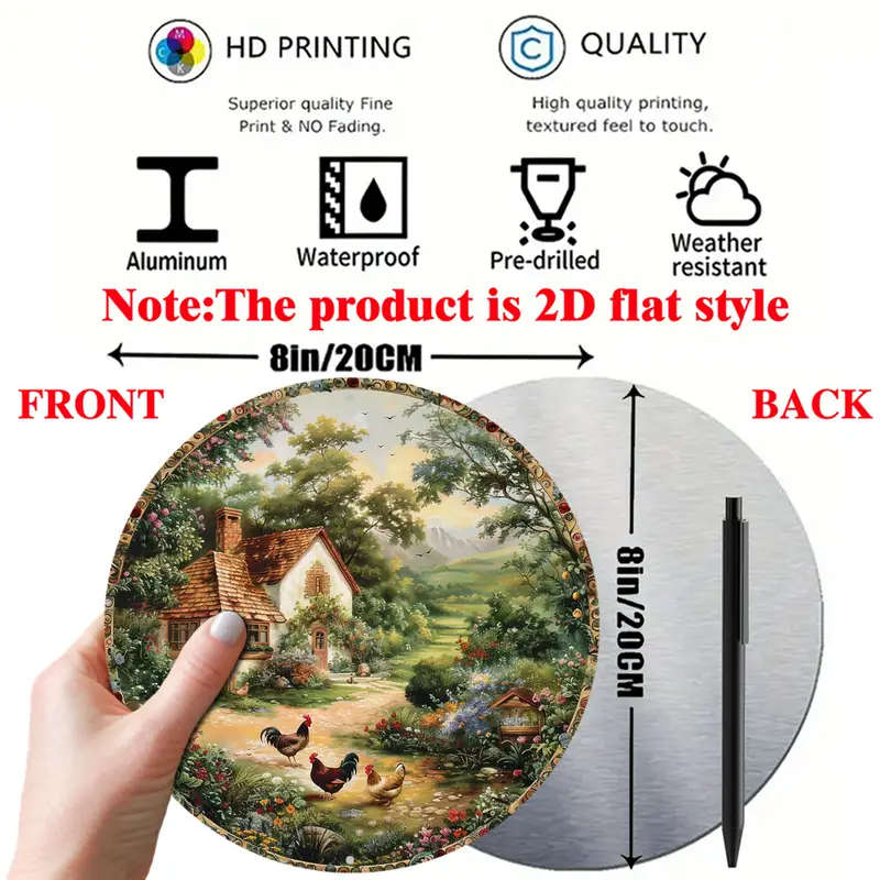 1pc Classic Style Chicken Wreath Design Round Aluminum Sign 8-Inch Metal Wall Art Decor for Kitchen