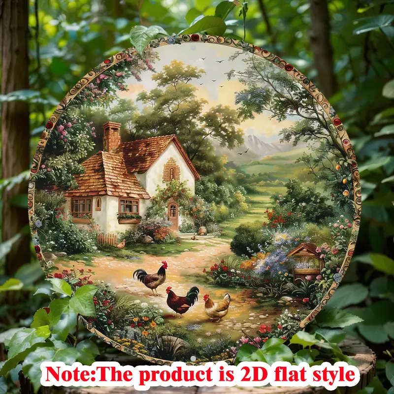 1pc Classic Style Chicken Wreath Design Round Aluminum Sign 8-Inch Metal Wall Art Decor for Kitchen