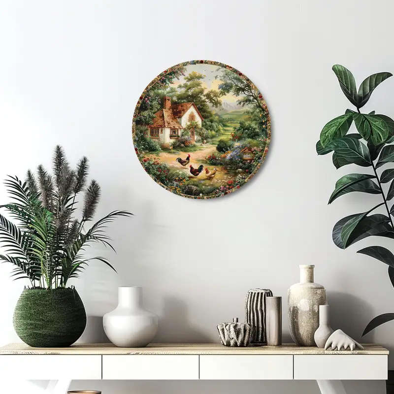 1pc Classic Style Chicken Wreath Design Round Aluminum Sign 8-Inch Metal Wall Art Decor for Kitchen