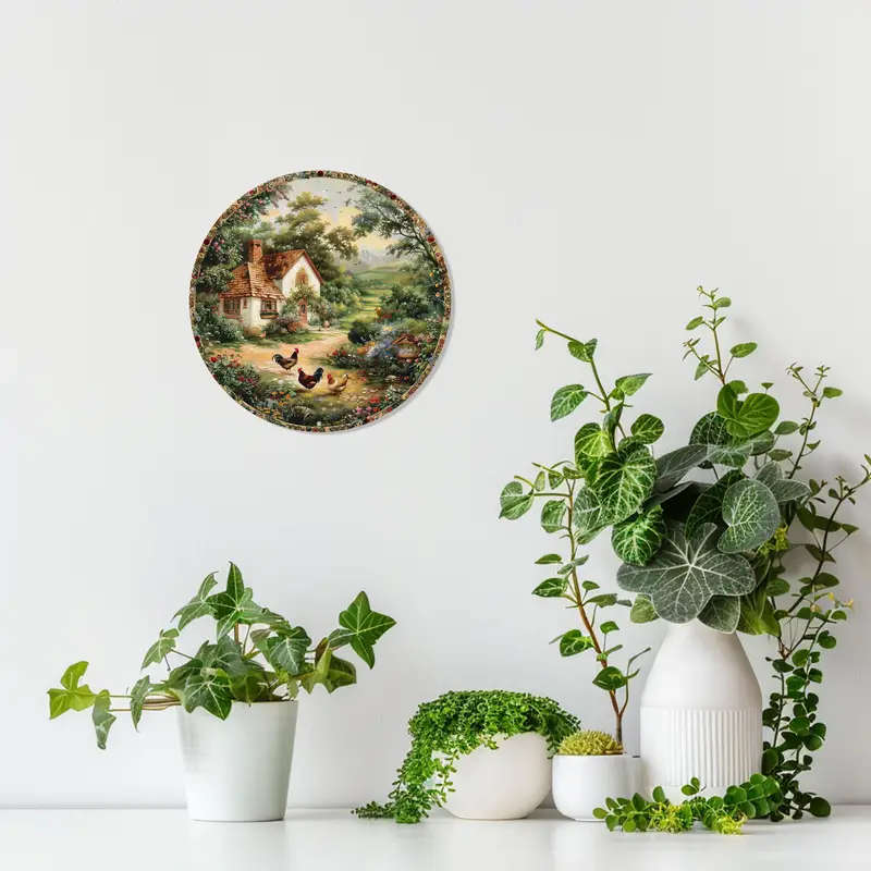 1pc Classic Style Chicken Wreath Design Round Aluminum Sign 8-Inch Metal Wall Art Decor for Kitchen