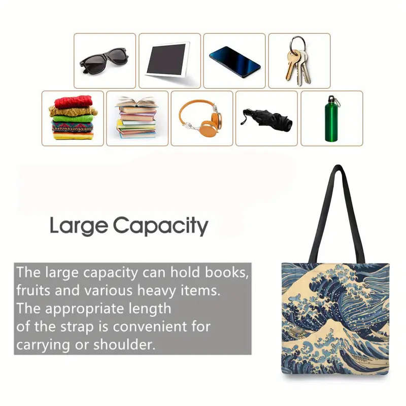 1pc Sea Wave Pattern Tote Bag Reusable Shoulder Shopping Bag for Men and Women Ideal for Gym Picnic