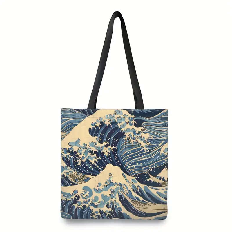 1pc Sea Wave Pattern Tote Bag Reusable Shoulder Shopping Bag for Men and Women Ideal for Gym Picnic