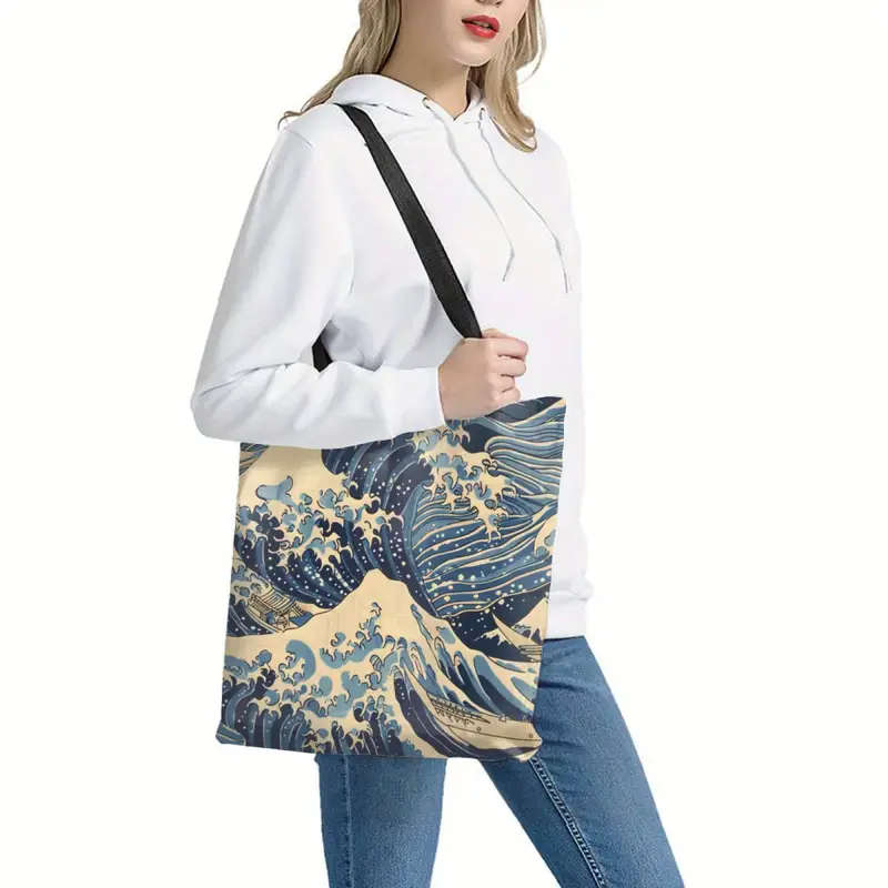 1pc Sea Wave Pattern Tote Bag Reusable Shoulder Shopping Bag for Men and Women Ideal for Gym Picnic
