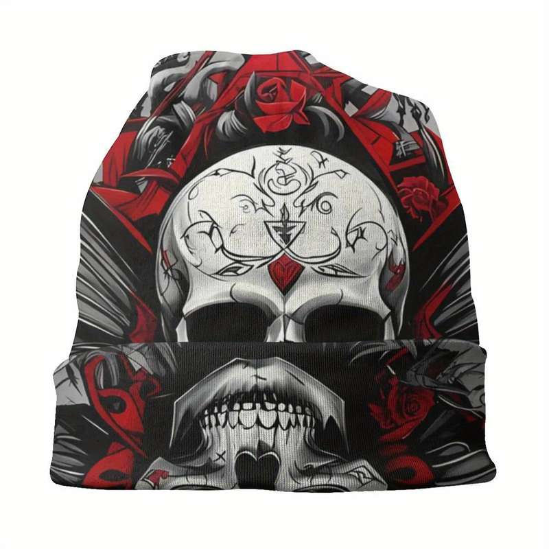 1pc Men's Gothic Skull Butterfly Beanie Stretchy Polyester Blend Casual Woven Ski Cap with Int