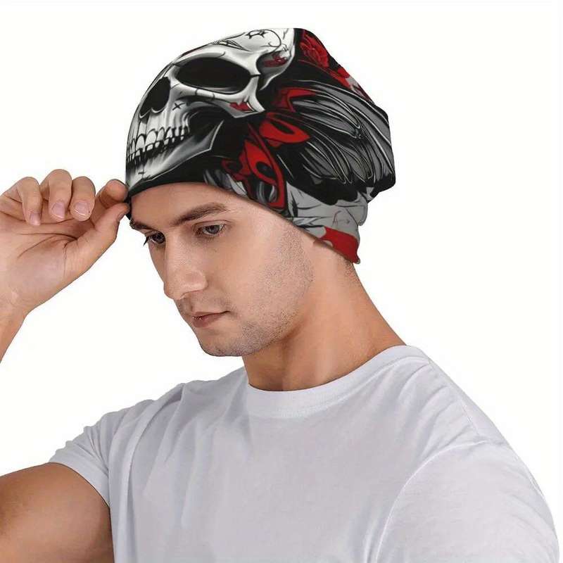 1pc Men's Gothic Skull Butterfly Beanie Stretchy Polyester Blend Casual Woven Ski Cap with Int
