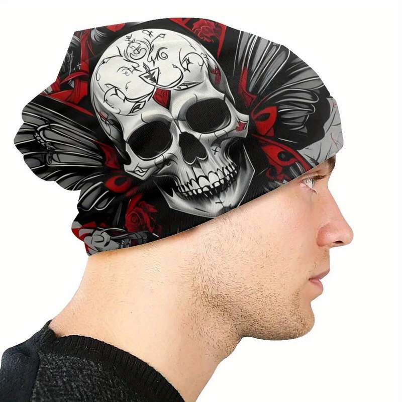 1pc Men's Gothic Skull Butterfly Beanie Stretchy Polyester Blend Casual Woven Ski Cap with Int