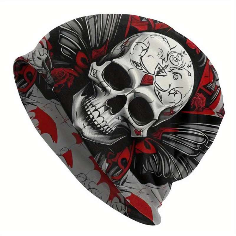 1pc Men's Gothic Skull Butterfly Beanie Stretchy Polyester Blend Casual Woven Ski Cap with Int