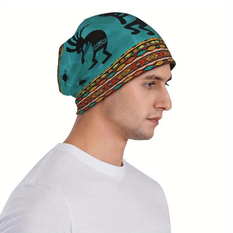 1pc Men's Trendy Kokopelli Tribal Zia Symbol Beanie Casual Stretch Knit Skull Cap for Skiing Ou