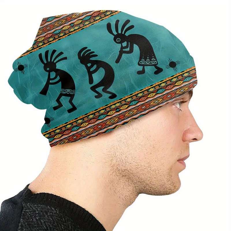 1pc Men's Trendy Kokopelli Tribal Zia Symbol Beanie Casual Stretch Knit Skull Cap for Skiing Ou