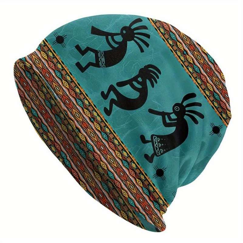 1pc Men's Trendy Kokopelli Tribal Zia Symbol Beanie Casual Stretch Knit Skull Cap for Skiing Ou