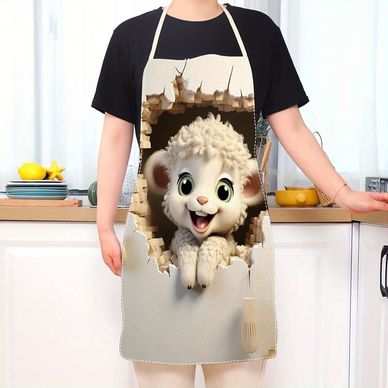 1pc Creative Linen Printed Apron with Sheep Design Durable Comfort-Fit Sleeveless Chef Cooki