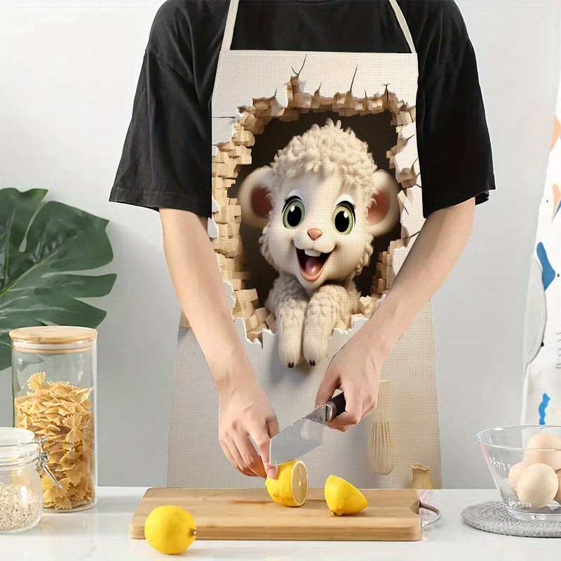 1pc Creative Linen Printed Apron with Sheep Design Durable Comfort-Fit Sleeveless Chef Cooki