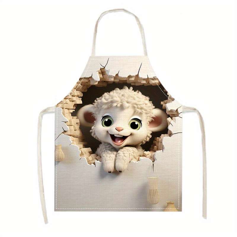 1pc Creative Linen Printed Apron with Sheep Design Durable Comfort-Fit Sleeveless Chef Cooki