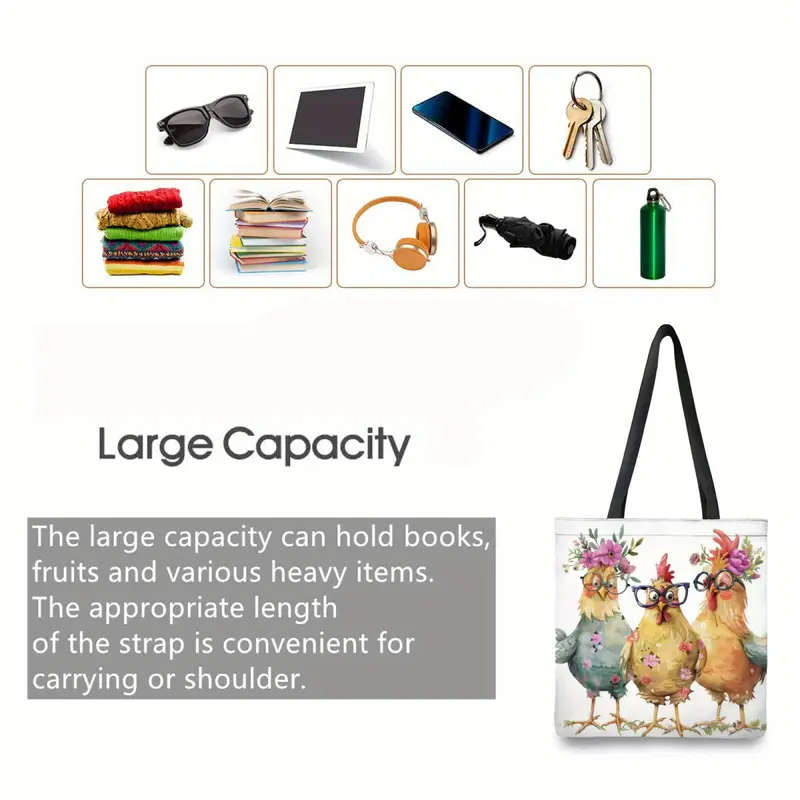 1pc Chic Cartoon Chicken Handbag Lightweight Unique Animal Print Fashion Shoulder Bag Reusable Groce