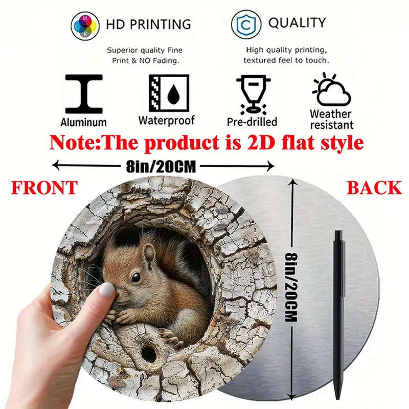 1pc Squirrel in Tree Hole 2D Aluminum Metal Wall Art 20.32x20.32cm Rustic Round Decorative Sign for