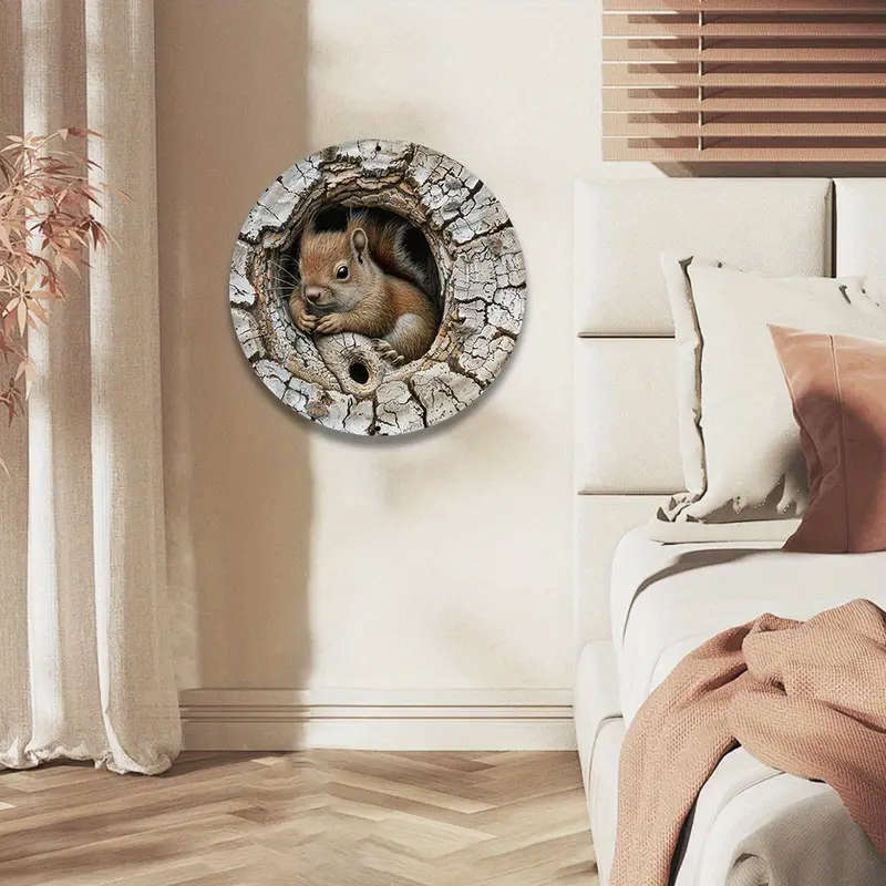 1pc Squirrel in Tree Hole 2D Aluminum Metal Wall Art 20.32x20.32cm Rustic Round Decorative Sign for