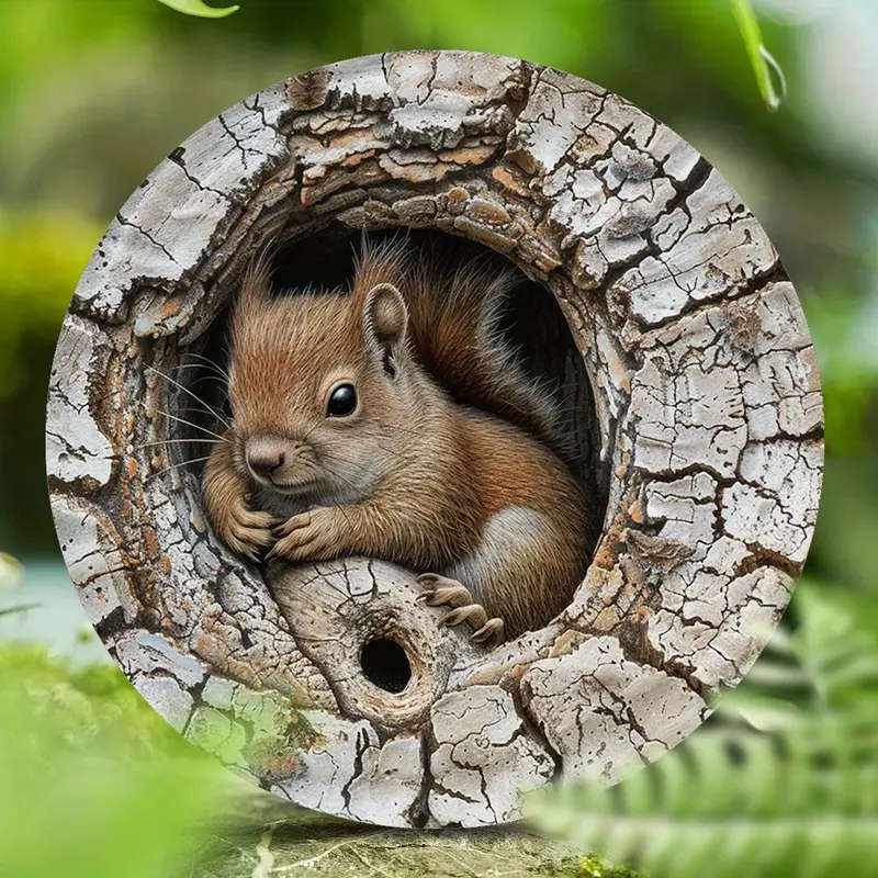 1pc Squirrel in Tree Hole 2D Aluminum Metal Wall Art 20.32x20.32cm Rustic Round Decorative Sign for