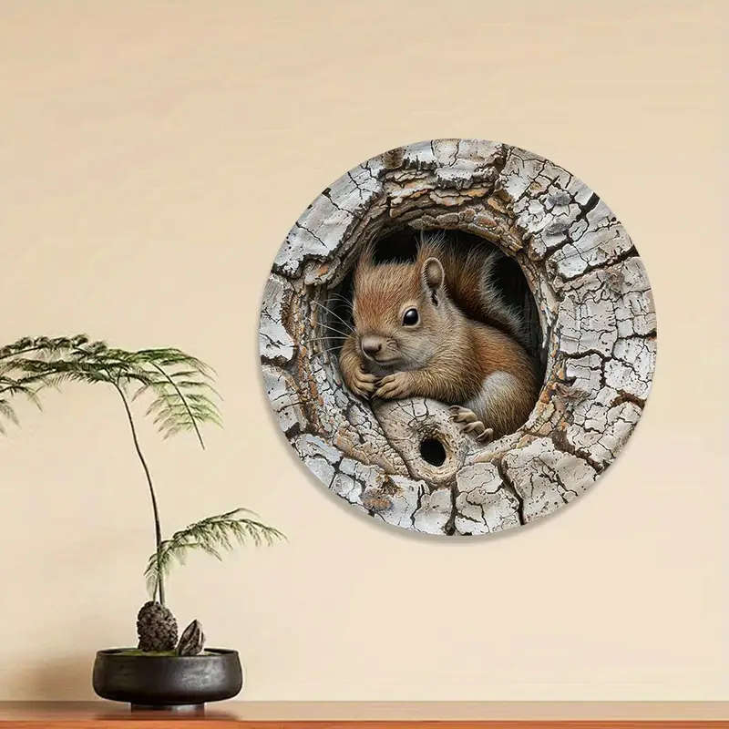 1pc Squirrel in Tree Hole 2D Aluminum Metal Wall Art 20.32x20.32cm Rustic Round Decorative Sign for