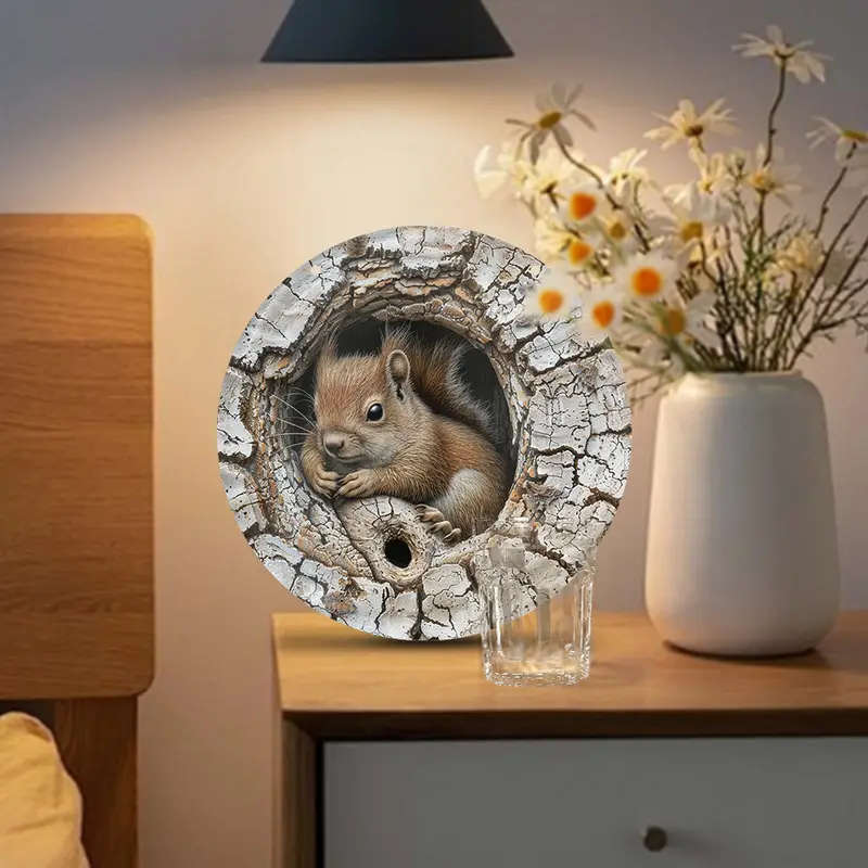 1pc Squirrel in Tree Hole 2D Aluminum Metal Wall Art 20.32x20.32cm Rustic Round Decorative Sign for