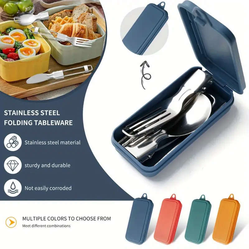 3pcs Stainless Steel Folding Knife Fork Set Portable Polished Outdoor Camping Tableware