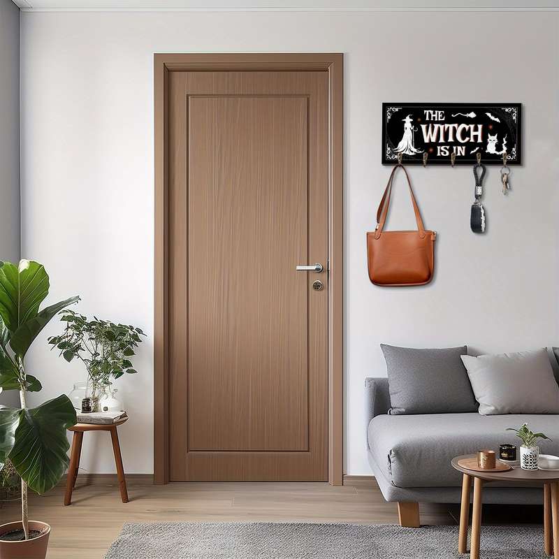 Witch-Inspired Wooden Key Holder for Wall with 5 HooksEnglish Vintage Wall-Mounted Key Hanger Wi