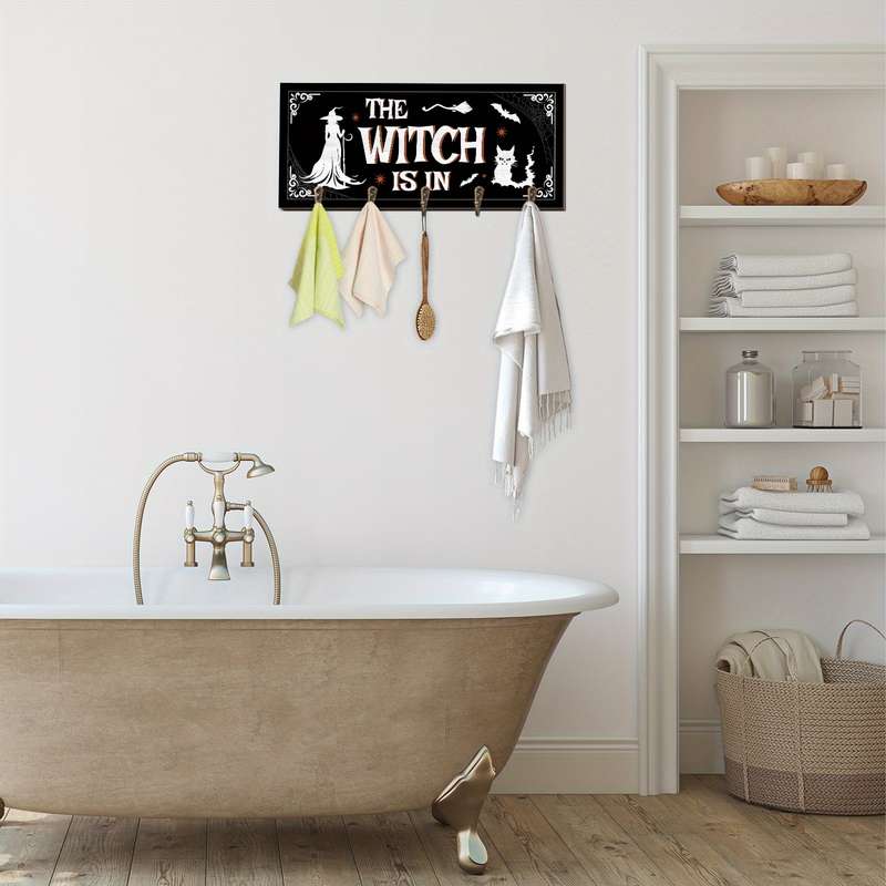 Witch-Inspired Wooden Key Holder for Wall with 5 HooksEnglish Vintage Wall-Mounted Key Hanger Wi