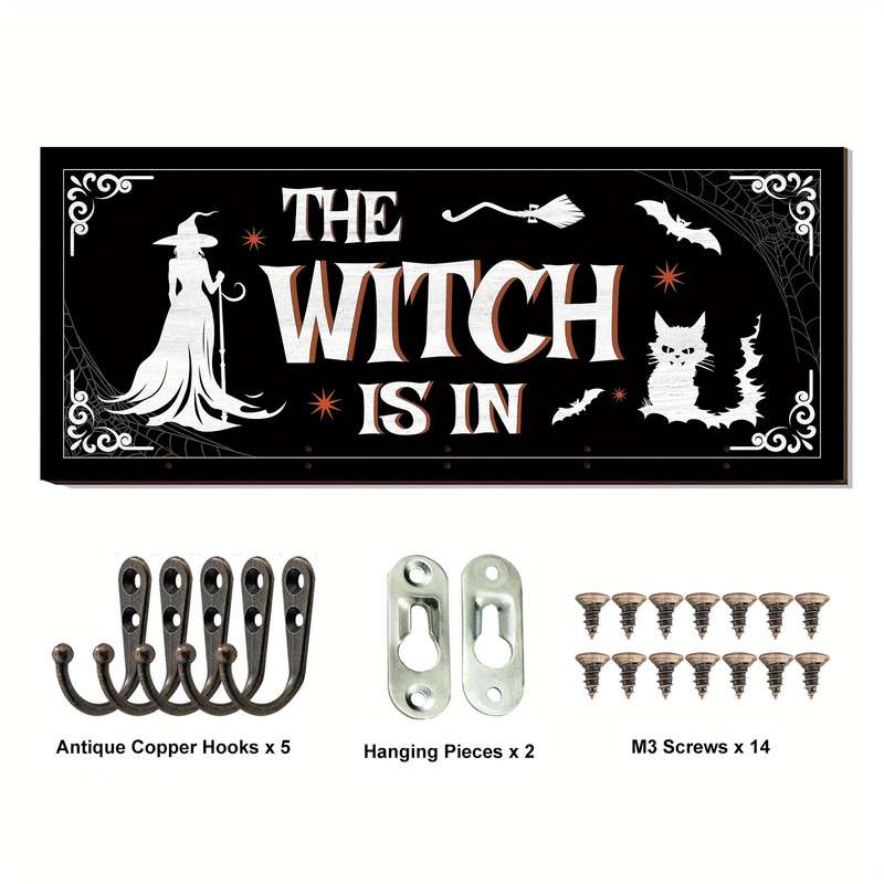 Witch-Inspired Wooden Key Holder for Wall with 5 HooksEnglish Vintage Wall-Mounted Key Hanger Wi
