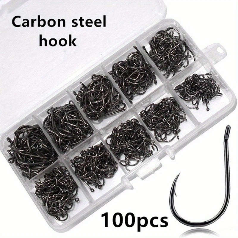 100 Pcs High Carbon Steel Overturned Fishing Hooks Sport Circle Hooks with Tackle Box for Freshwater